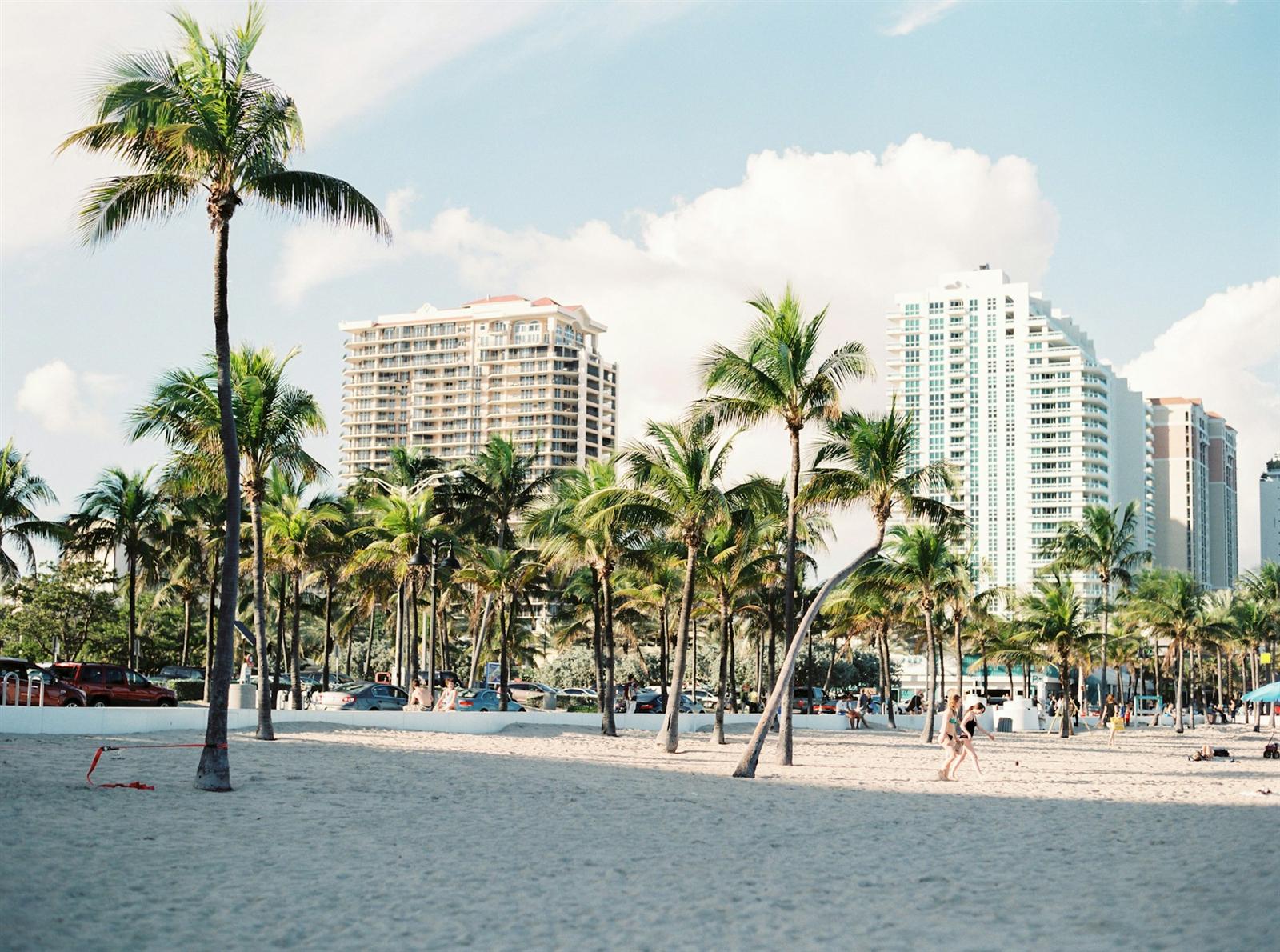 Playa con palmeras y edificios residenciales en el sur de Florida